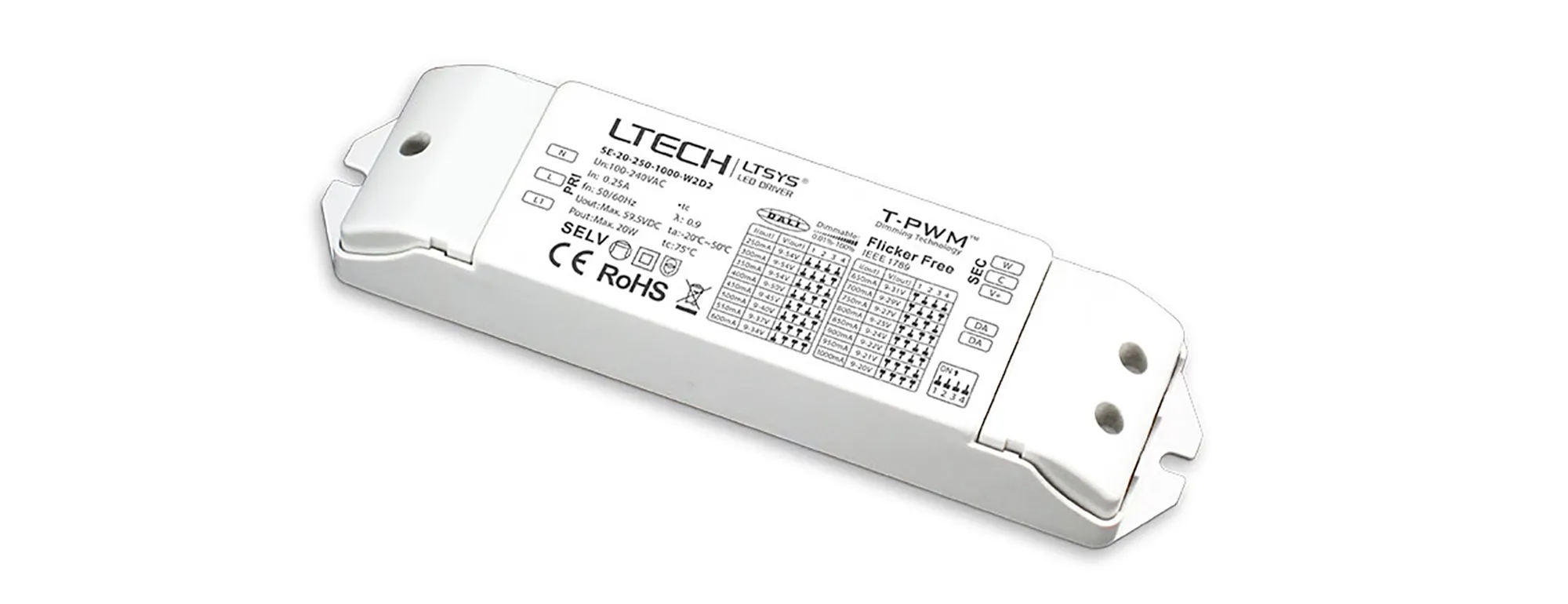 SE-20-250-1000-W2D2  DALI DT8 CT adjustment driver, 0-100% Dim, T-PWM digital dimming, CC 20W, 250-1000mA output, 100-240Vac I/P, Class 2, IP20.